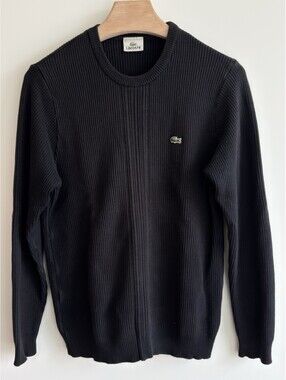 Lacoste Rib Knit Crewneck Sweater Black Size 4 Cotton Blend Classic Logo